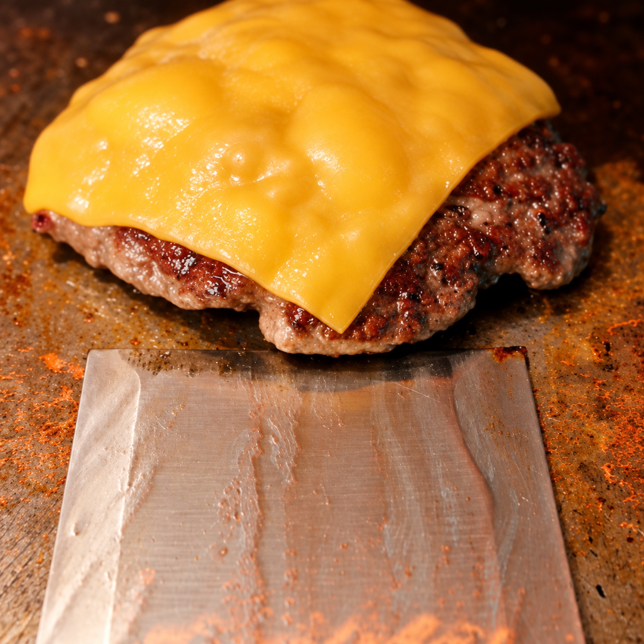 A cheeseburger patty cooking on the griddle