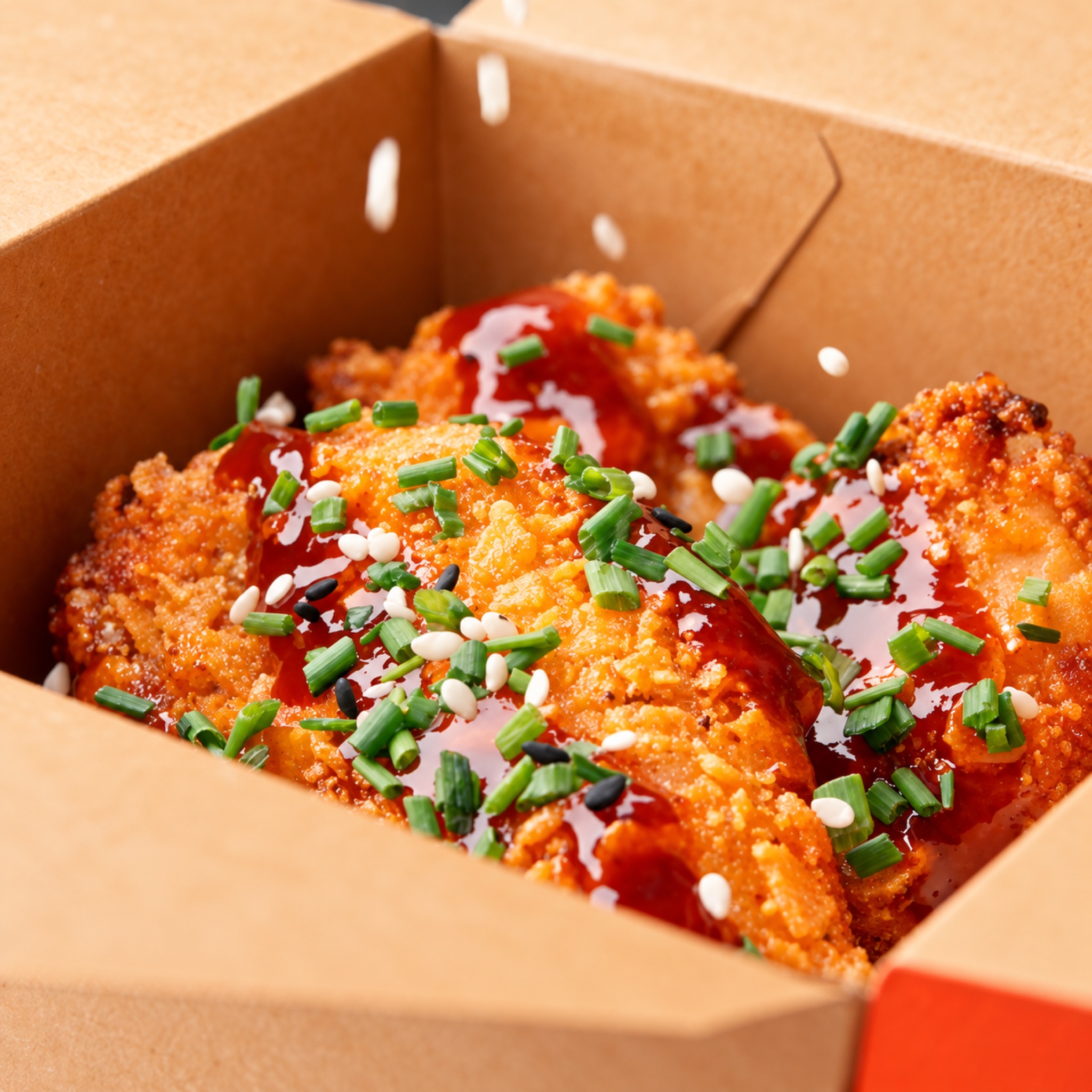 Glazed chicken tenders topped with sesame and chives